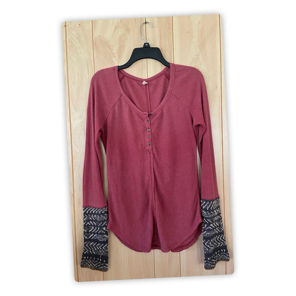 Free People Alpine Cuff Thermal Henley Top Waffle Knit Boho Small(Petite)